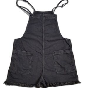 Aerie Overall Bib Shorts Romper Shortall L Muted Black Denim Fringe Hem Playsuit
